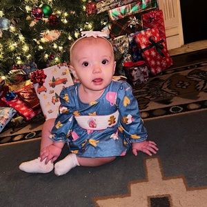 Blue Smocked Gingerbread Ruffle Bubble for Babies 6-12 months